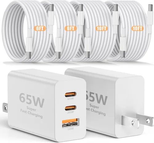 Miniatura 12 de Susnwere Cargador de pared USB C de 65 W para Samsung S26 Ultra, 3 puertos de 100 W PD rápida 3.0 tipo C carga con cable USB C de 3/6/10/10 pies