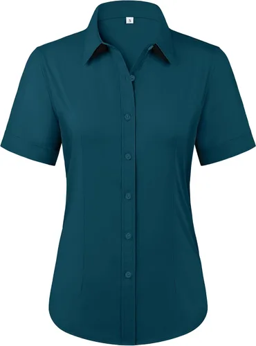 Miniatura 8 de Siliteelon - Camisas de vestir con protección contra manchas, sin arrugas, de manga corta, color liso, con botones, para mujer