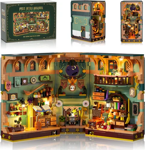 INSOON Magic Potion - Set de construcción Booknook con luz, kit DIY de bloques de construcción tipo sujetalibros para decoración del hogar y