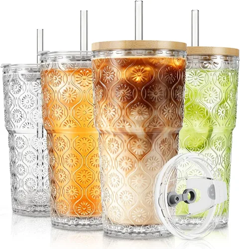 Miniatura 11 de SoulTimes Vaso de vidrio de flor de begonia de 20 onzas con tapas y popotes, 2 tazas de vidrio para café helado para batidos, matcha, jugo, agua