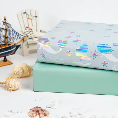 Miniatura 5 de WRAPAHOLIC Papel de regalo reversible, mini rollo, 17 pulgadas x 33 pies, sirena con diseño de lámina colorida para cumpleaños de niños, fiestas