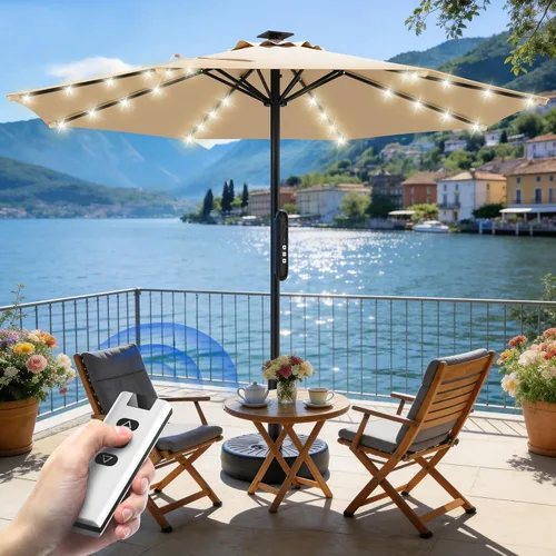 Miniatura 31 de HOMSHADE Sombrilla de patio al aire libre de 9 pies, sombrilla para mesa de mercado, piscina, terraza, protección UV UPF50+ con botón de Rojo