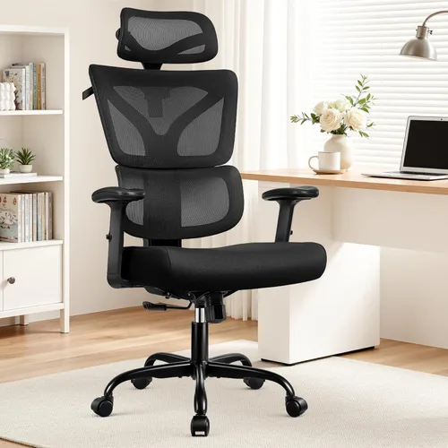 Miniatura 9 de Silla de oficina ergonómica con respaldo alto y soporte lumbar, silla de computadora de malla transpirable con reposabrazos ajustables, silla Blanco