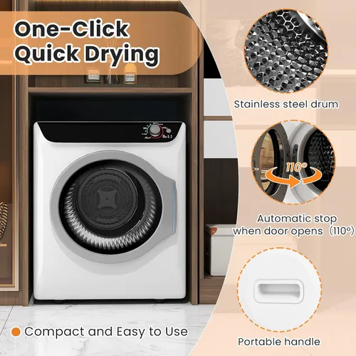 Miniatura 6 de Zynkez Secadora de ropa portátil de 2.5 pies cúbicos, secadora eléctrica compacta de 1400 W con bañera de acero inoxidable, carga frontal, 5 modos