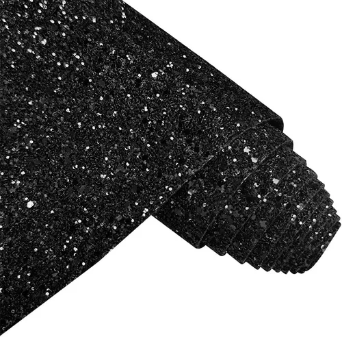 Rollo de piel sintética con purpurina gruesa de color liso, 12 x 53 pulgadas, tela de costura sintética brillante para lazos para el cabello, Negro