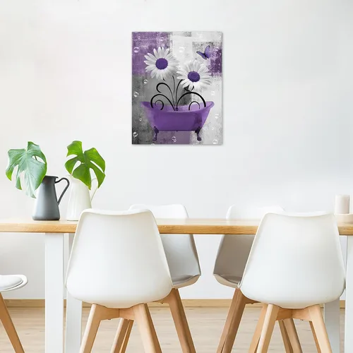 Miniatura 2 de HVEST Arte de pared retro floral morado para sala de estar, casa de campo, margaritas y mariposas en lienzo geométrico abstracto, arte de pared
