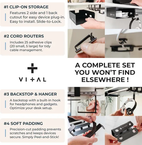 Miniatura 9 de VI+AL Soporte para laptop debajo del escritorio - Estante oculto de metal con almacenamiento lateral, gancho y organizador de cables - Se instala