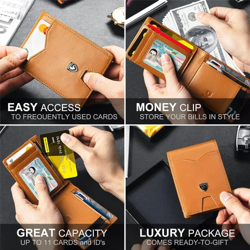 Miniatura 4 de GSOIAX Billetera delgada para hombre, minimalista, de piel auténtica, fibra de carbono, bloqueo Rfid, de piel de vaca, plegable, tarjetero con caja
