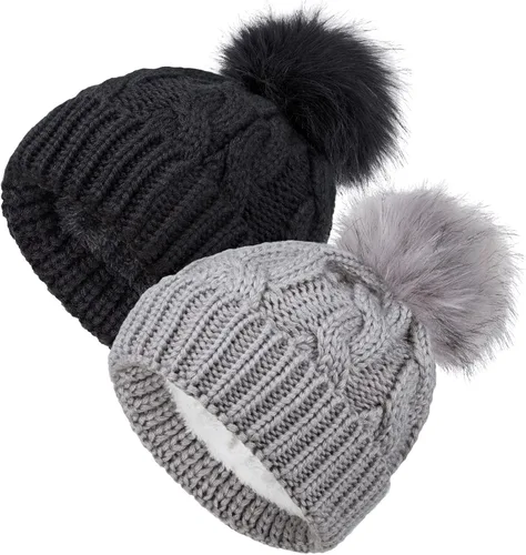 YSense Wear 2 Pack Toddler Kids Winter Warm Fleece Lined Beanie Hats for Boys and Girls Crochet Hairball Knit Cap 1-6 Years