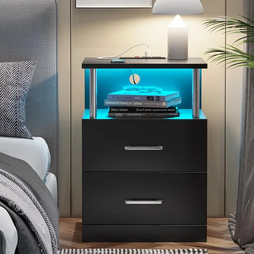 AOGLLATI Mesita de noche con estación de carga y luces LED, mesita de noche con almacenamiento abierto, mesa de cabecera con cajones, 2 puertos USB,