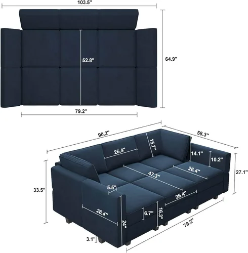 Miniatura 2 de Belffin - Sofá cama modular con otomanas, de terciopelo, reversible y con asiento con almacenamiento, color azul