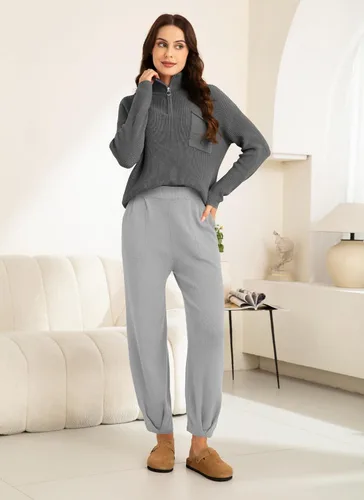 Miniatura 4 de softome Conjunto de 2 piezas para mujer, suéter de manga larga, con cremallera de 14, suéter de punto, pantalones casuales, conjunto de ropa