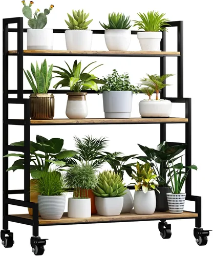 Miniatura 9 de Soporte para plantas de interior, estante de metal de 3 niveles para exterior, con ruedas para múltiples plantas, soporte escalonado para macetas