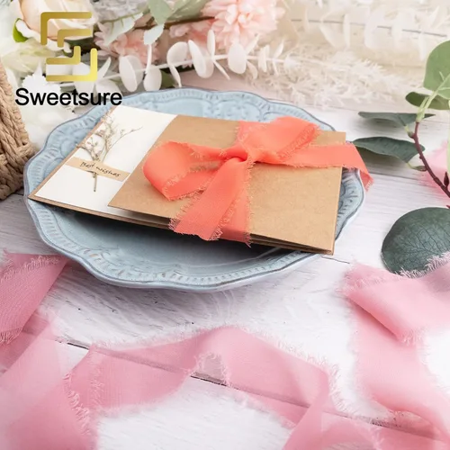 Miniatura 4 de Cintas de gasa de seda de 1.2 pulgadas x 11 yardas, cintas verdes hechas a mano con flecos para invitaciones de boda, envoltura de regalos, ramos