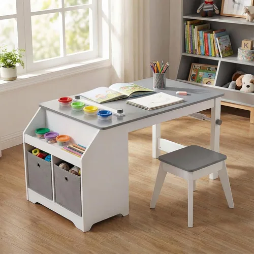 Miniatura 9 de HONEY JOY Juego de mesa y silla de arte para niños, juego de actividades de artesanía de madera con rollo de papel, estante de almacenamiento