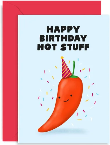 Old English Co. - Divertida tarjeta de feliz cumpleaños para marido o esposa, bonita tarjeta de chile "Hot Stuff" para hombres o mujeres, novio,