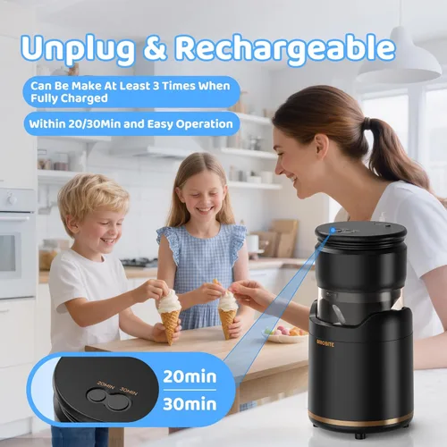 Miniatura 3 de BRIOBITE Máquina de helados, máquina de helado suave recargable con bajo ruido, compacta para 1-2 porciones, perfecta para sorbete, gelato, yogur