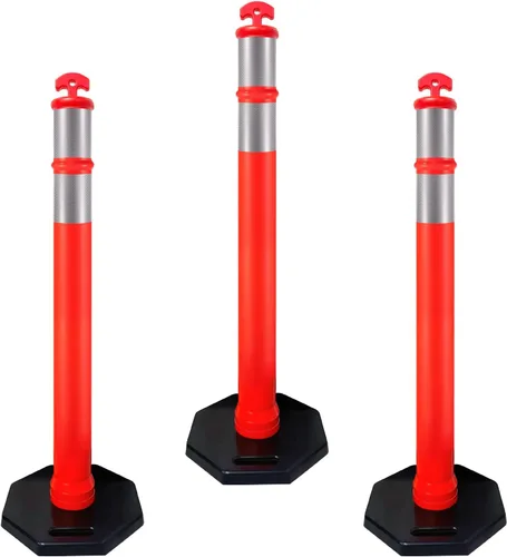 Cono de poste de delineador de polietileno naranja de 44 pulgadas, poste de 44 pulgadas de altura, base negra de goma reciclada de 10 libras, banda
