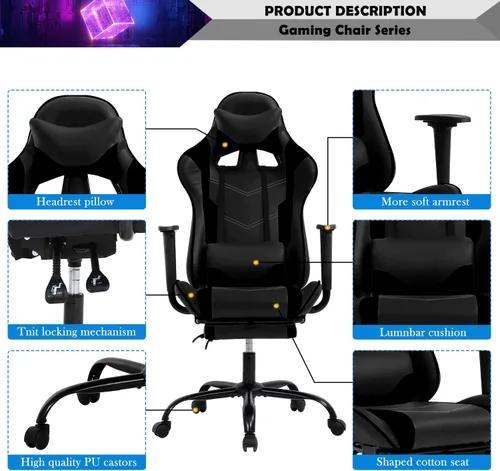 Miniatura 3 de Silla de juegos para adultos con reposapiés – Racing PC Silla Gamer Barato reclinable juego ergonómico escritorio con reposacabezas soporte lumbar