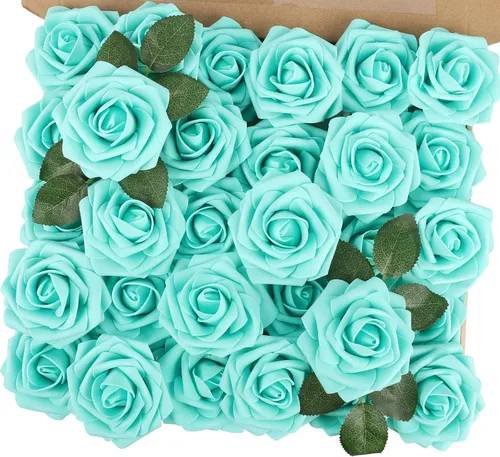 Miniatura 25 de MACTING 30 Rosas Artificiales Blancas Flores Falsas con Tallo Rosas de Espuma de Tacto Real para DIY Arreglos de Ramo de Boda Centros de Mesa White-1