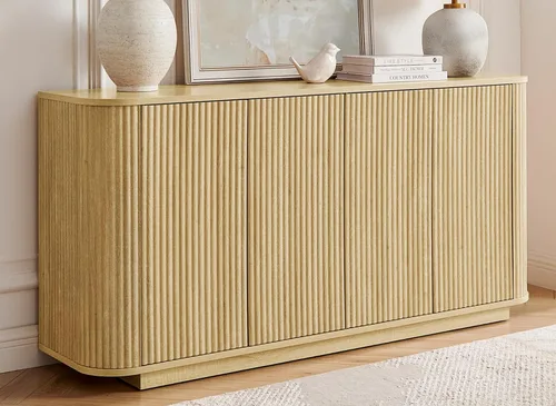 Miniatura 16 de LKTART Aparador de 64 pulgadas con almacenamiento, armario de almacenamiento de madera acanalada, aparador Credenza con estantes ajustables, resorte