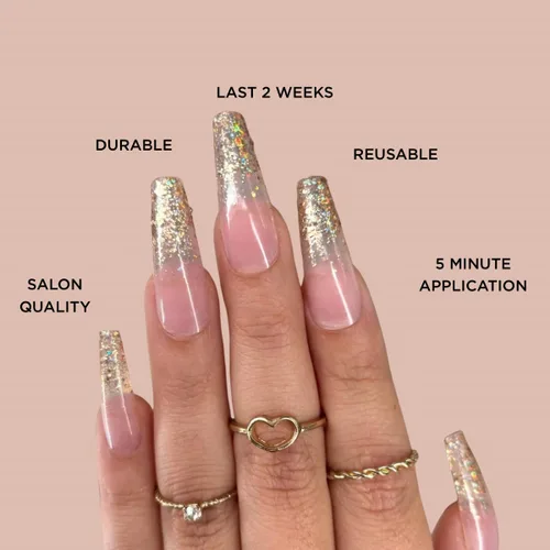 Miniatura 6 de GOLD VIBES - Uñas a presión de Lavaa Beauty Punta dorada con purpurina degradada Ataúd extra largas Vibes de oro
