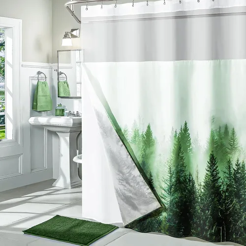 Miniatura 2 de ORTIGIA Misty Forest - Cortina de ducha con forro para baño, juego de cortina de ducha natural de doble capa verde con ventana superior
