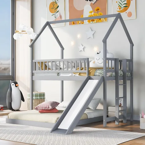 Miniatura 24 de Litera de casa individual sobre cama individual con tobogán convertible y nido, litera de madera maciza con techo y ventana para niños, verde-blanco