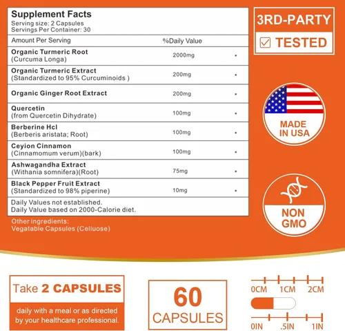 Miniatura 2 de Suplemento de curcumina de cúrcuma liposomal de 2200 mg con absorción mejorada de pimienta negra y jengibre, 95% de extracto de curcumina para apoyo
