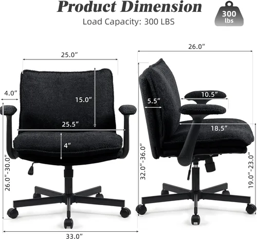 Miniatura 2 de Kassipo Silla de oficina con patas cruzadas con ruedas y brazos abatibles, silla de escritorio tapizada con cruz, sillas de asiento ancho para Negro