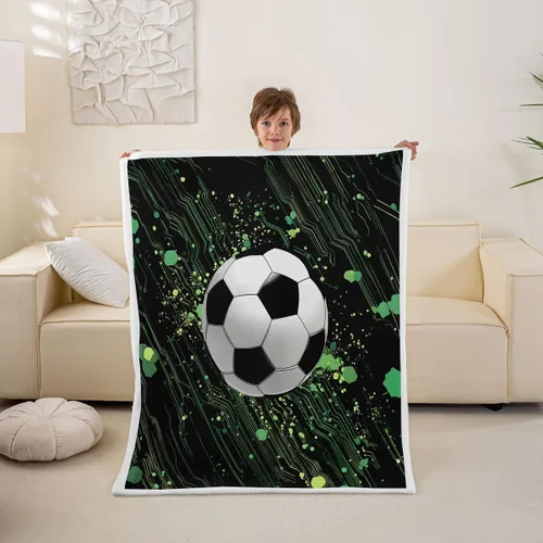 Miniatura 17 de Erosebridal Manta deportiva para niños, manta de forro polar de retazos de fútbol, patrón geométrico de bolas, manta Sherpa para niños y niñas