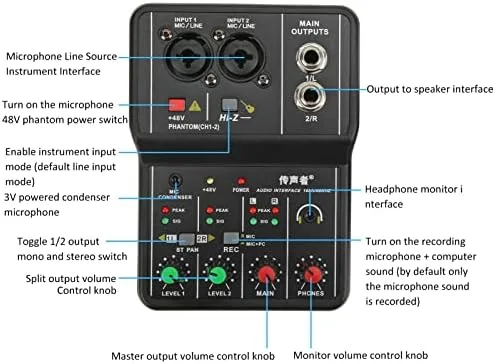 Miniatura 6 de Mezclador de audio de 2 canales, mini consola mezcladora DJ de audio de 2 canales con 16 bits, resolución de audio de 48 KHZ, fuente de alimentación