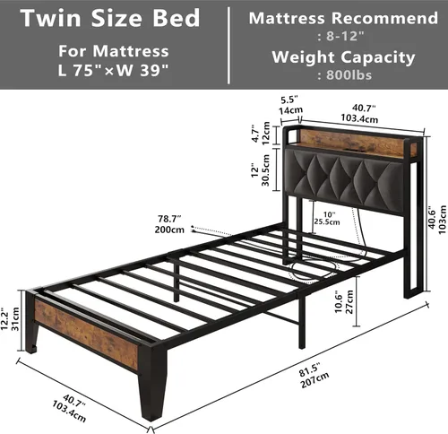 Miniatura 2 de ANCTOR Base de cama tamaño individual, cabecera tapizada capitonada con almacenamiento integrado y tomas de corriente, marco de metal resistente