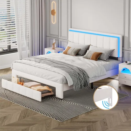 Miniatura 15 de Cama de plataforma flotante, marco de cama de madera tamaño individual con rayas claras, tela de lino suave y cabecera de diseño capitoné