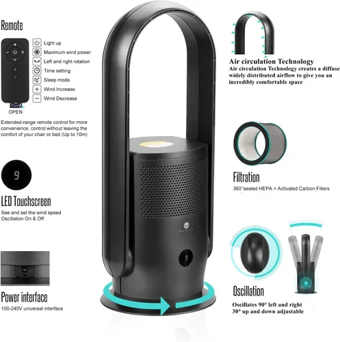Miniatura 3 de ULTTY - Ventilador de torre sin aspas y purificador de aire, ventilador oscilante silencioso con control remoto y táctil, 9 velocidades