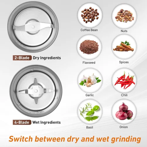 Miniatura 3 de Secura Molinillo de café eléctrico y molinillo de especias con 2 cuchillas de acero inoxidable cuencos extraíbles