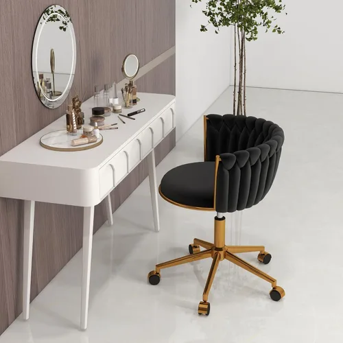 Miniatura 3 de ABET Silla de tocador con ruedas, pequeña silla de escritorio de terciopelo para oficina, taburetes de maquillaje semicirculares tejidos a mano