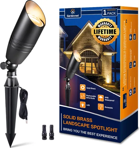 Miniatura 15 de Gardenreet Focos de paisaje de bajo voltaje - Luz superior LED de latón 12V para exterior, luces focales cableadas IP65 impermeables, enfoque