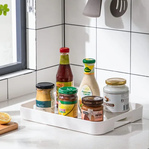 Miniatura 9 de Bandeja de plástico para servir con asas rectangular en color blanco de 12.99 x 10.24 pulgadas, bandeja de desayuno reutilizable, para alimentos