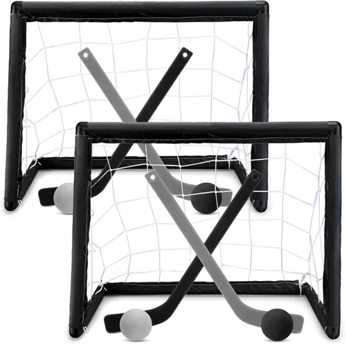Leyndo Juego de 2 juegos de mini hockey para niños, incluye 2 redes de hockey, 2 mini portería de hockey, 4 mini palos de hockey de plástico, 4