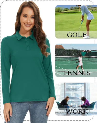 Miniatura 6 de TACVASEN Polo de golf para mujer, manga larga, protección solar UPF 50+, cuello de 3 botones, camiseta de secado rápido