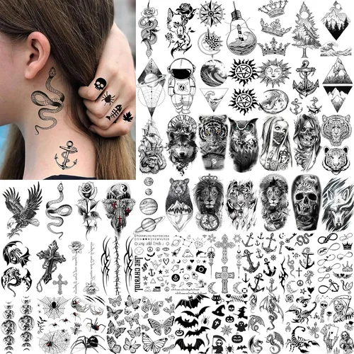 Miniatura 4 de COKTAK 64 hojas grandes de tatuajes temporales de brazo negro para hombres, antebrazo, mujeres, muslo, media manga, animales, león, tigre, lobo