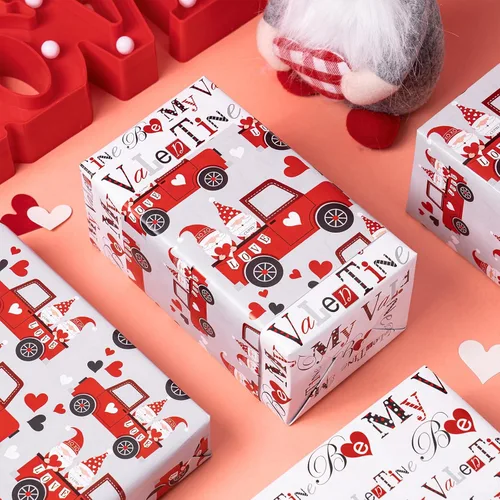 Miniatura 3 de RUSPEPA Rollo de papel de regalo reversible, mini rollo, diseño de pareja de gnomos rojos en camión, ideal para el día de San Valentín, fiesta