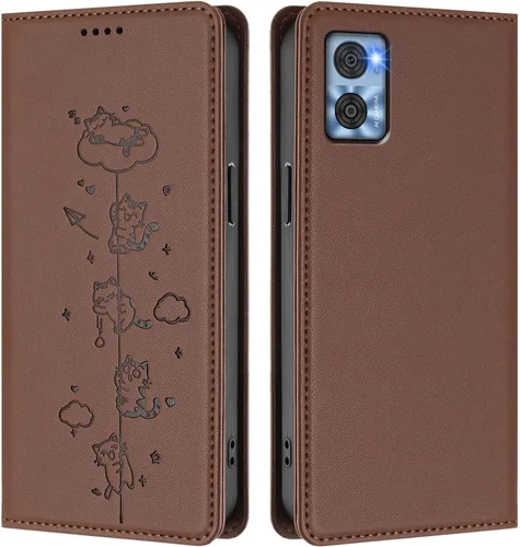 Wallet Phone Case for Moto E22 4G Cover, Playful Cat PU Leather Phone Cover with 2 Card Slots & Hidden Flip Kickstand, TPU Shockproof Protective