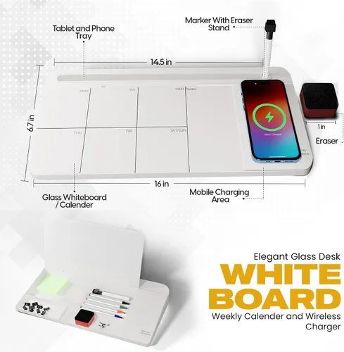 Miniatura 7 de NEXTLUXE - Pizarra blanca de cristal con cargador inalámbrico, pizarra blanca de escritorio con almacenamiento, planificador semanal, almohadilla