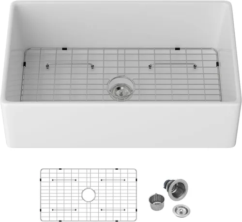 Mocoloo Fregadero de cocina de granja blanco 33 – Fregadero plano de estilo rústico de 33 x 20 x 10 pulgadas, fregadero plano de estilo rústico