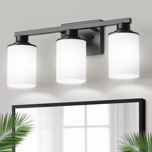 Miniatura 33 de DORESshop Lámparas de baño, 3 luces negras y doradas para baño sobre espejo con pantalla de vidrio transparente, luces de tocador para baño, Negro