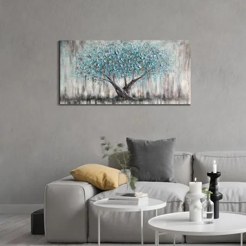 Miniatura 2 de Arjun Lienzo artístico para pared de árbol de la vida para sala de estar, pintura de árbol azul y verde azulado, 50% pintada a mano, imagen