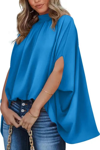 Miniatura 77 de BTFBM Blusas de verano para mujer, cuello alto falso, manga murciélago, holgadas, dobladillo alto y bajo, blusas informales de gran