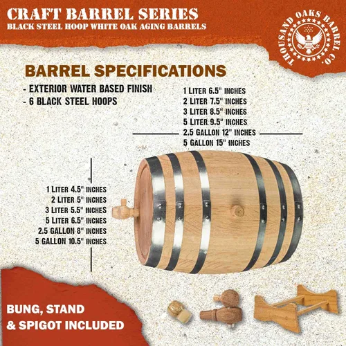 Miniatura 6 de Barril de envejecimiento de 1 galón de roble (5 litros) con soporte, tapón y canilla - Mini barril de madera para whisky - Barriles de roble